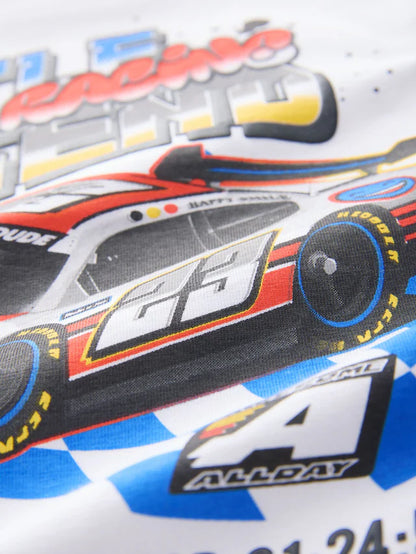 |Boy| Camiseta De Transporte De Manga Curta 100% Algodão Racecar Branca (3 meses a 7 anos)