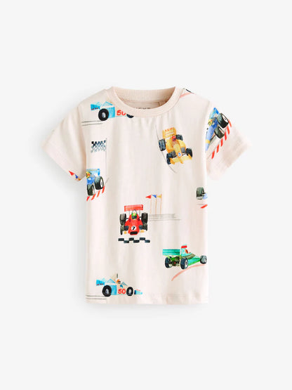 |Boy| Camiseta Branca Racecar De Manga Curta Com Estampa Completa 100% Algodão (3 meses a 7 anos)