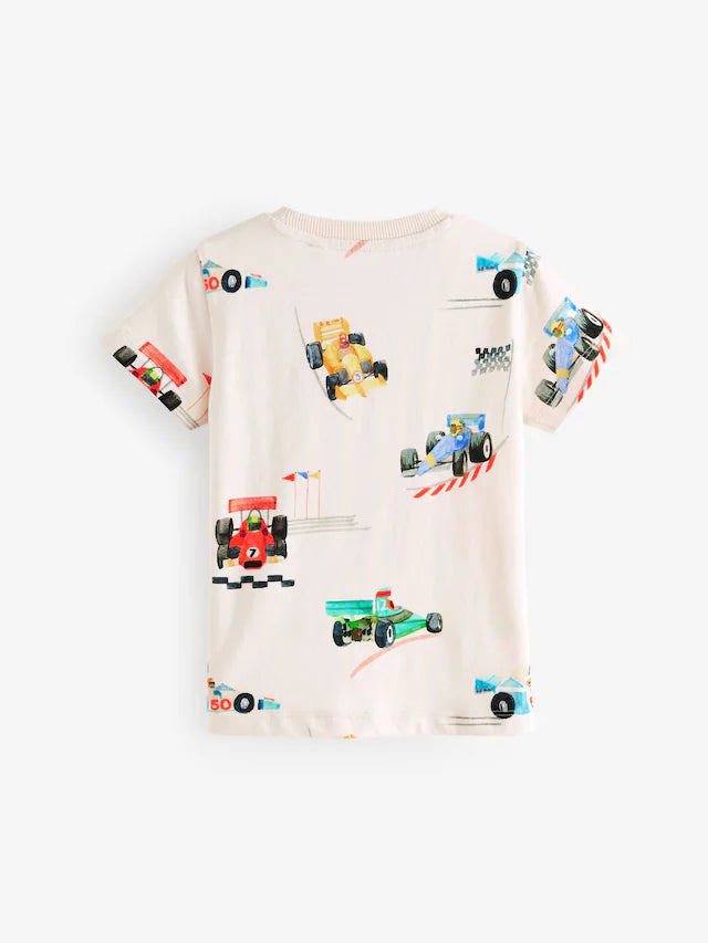 |Boy| Camiseta Branca Racecar De Manga Curta Com Estampa Completa 100% Algodão (3 meses a 7 anos)