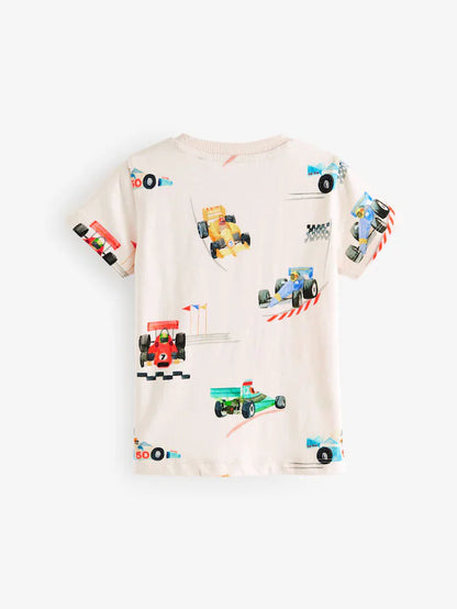 |Boy| Camiseta Branca Racecar De Manga Curta Com Estampa Completa 100% Algodão (3 meses a 7 anos)