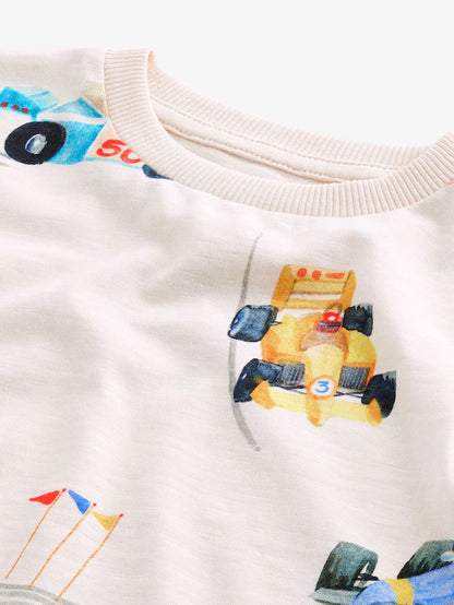 |Boy| Camiseta Branca Racecar De Manga Curta Com Estampa Completa 100% Algodão (3 meses a 7 anos)