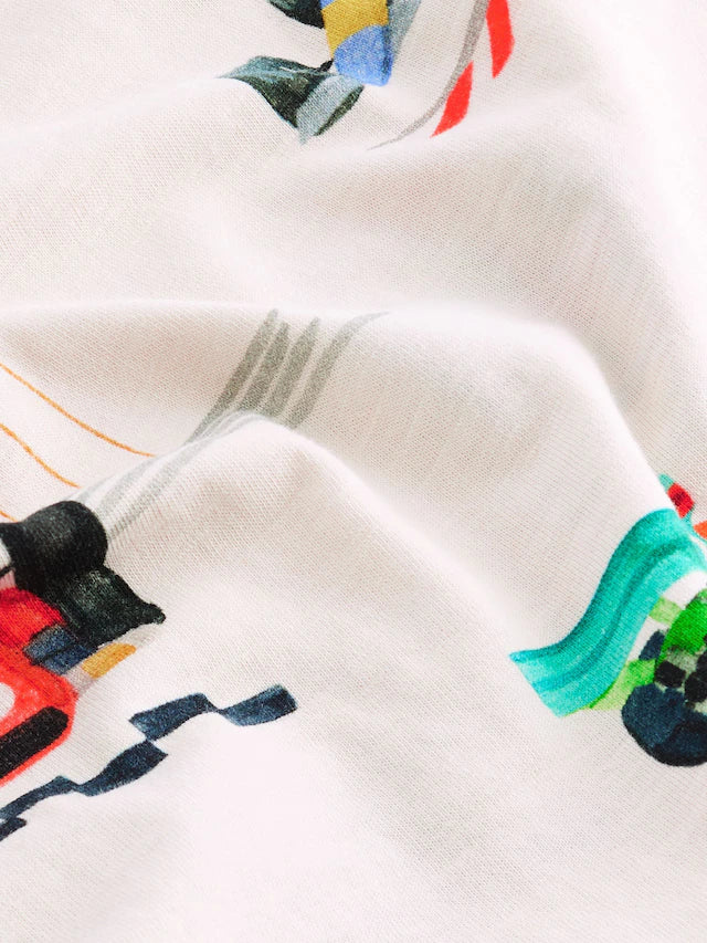 |Boy| Camiseta Branca Racecar De Manga Curta Com Estampa Completa 100% Algodão (3 meses a 7 anos)