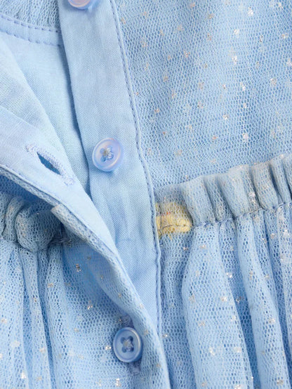 |BabyGirl| Vestido De Malha Com Flores Bordadas Azul Para Bebê (0 meses a 2 anos)