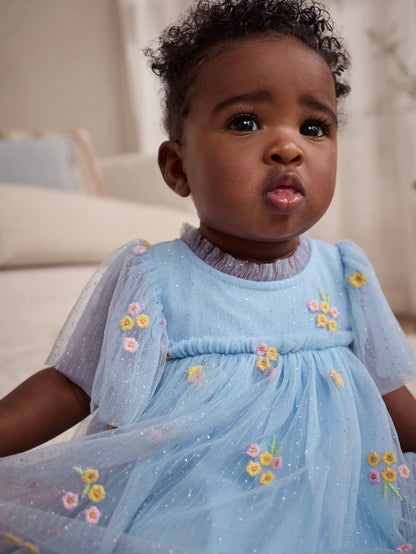 |BabyGirl| Vestido De Malha Com Flores Bordadas Azul Para Bebê (0 meses a 2 anos)