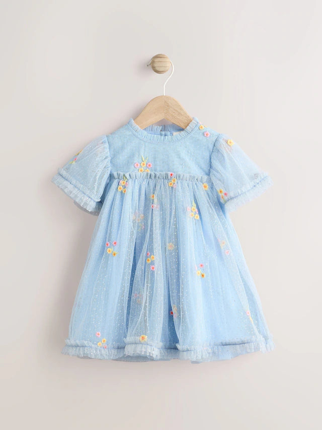 |BabyGirl| Vestido De Malha Com Flores Bordadas Azul Para Bebê (0 meses a 2 anos)