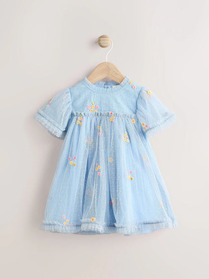 |BabyGirl| Vestido De Malha Com Flores Bordadas Azul Para Bebê (0 meses a 2 anos)