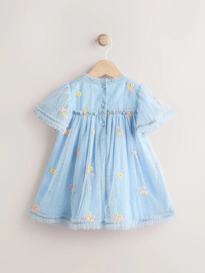 |BabyGirl| Vestido De Malha Com Flores Bordadas Azul Para Bebê (0 meses a 2 anos)