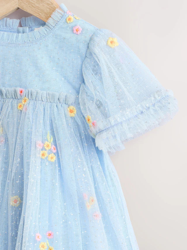 |BabyGirl| Vestido De Malha Com Flores Bordadas Azul Para Bebê (0 meses a 2 anos)