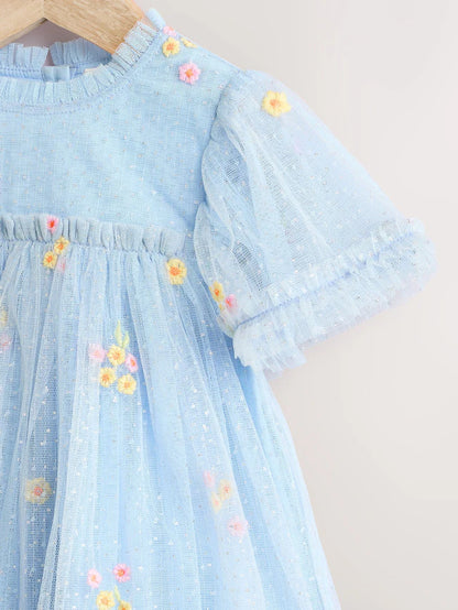 |BabyGirl| Vestido De Malha Com Flores Bordadas Azul Para Bebê (0 meses a 2 anos)
