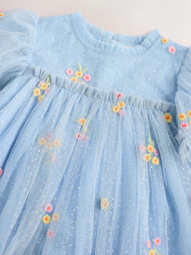 |BabyGirl| Vestido De Malha Com Flores Bordadas Azul Para Bebê (0 meses a 2 anos)