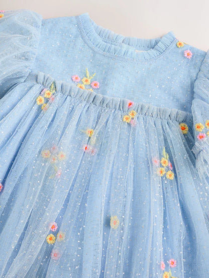 |BabyGirl| Vestido De Malha Com Flores Bordadas Azul Para Bebê (0 meses a 2 anos)