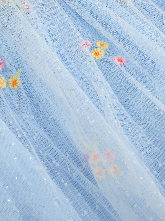 |BabyGirl| Vestido De Malha Com Flores Bordadas Azul Para Bebê (0 meses a 2 anos)