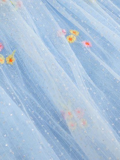 |BabyGirl| Vestido De Malha Com Flores Bordadas Azul Para Bebê (0 meses a 2 anos)