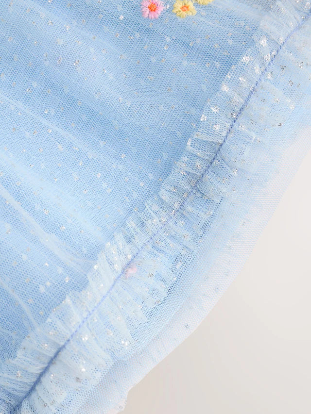 |BabyGirl| Vestido De Malha Com Flores Bordadas Azul Para Bebê (0 meses a 2 anos)