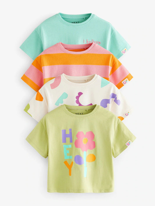 |Girl| Camisetas De Manga Curta Azul Turquesa 100% Algodão, Pacote Com 4 (3 meses a 7 anos)