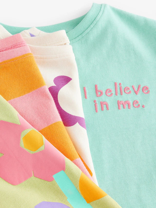 |Girl| Camisetas De Manga Curta Azul Turquesa 100% Algodão, Pacote Com 4 (3 meses a 7 anos)