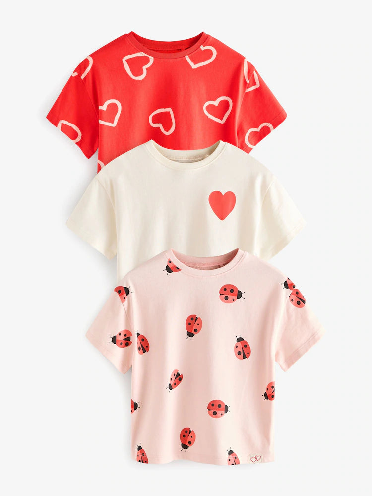 |Girl| Camiseta De Manga Curta Red Heart/Joaninha Com 3 Pacotes (3 meses a 7 anos)