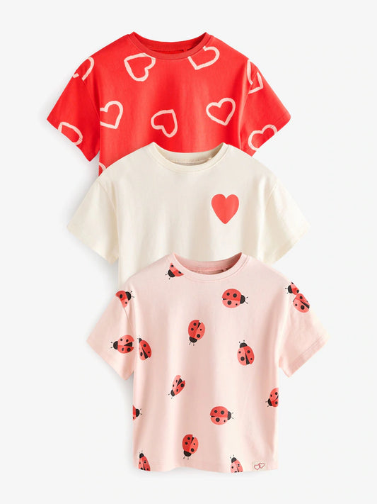 |Girl| Camiseta De Manga Curta Red Heart/Joaninha Com 3 Pacotes (3 meses a 7 anos)