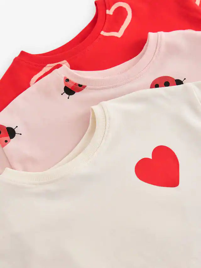 |Girl| Camiseta De Manga Curta Red Heart/Joaninha Com 3 Pacotes (3 meses a 7 anos)
