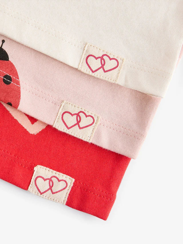 |Girl| Camiseta De Manga Curta Red Heart/Joaninha Com 3 Pacotes (3 meses a 7 anos)