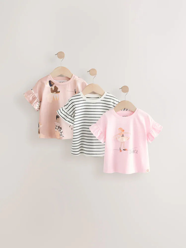 |Girl| Camisetas 100% Algodão Rosa Manga Curta Pacote Com 3 (3 meses a 7 anos)