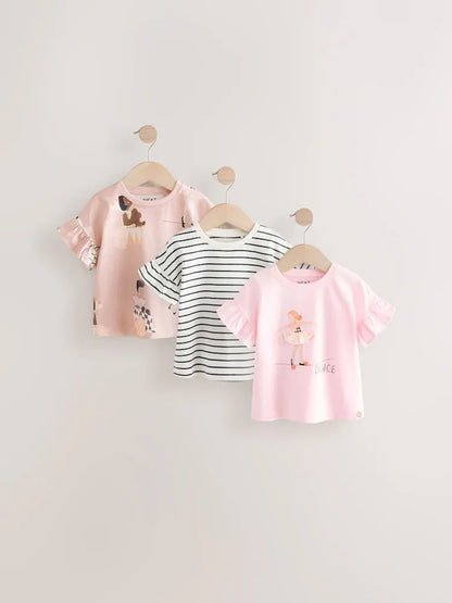 |Girl| Camisetas 100% Algodão Rosa Manga Curta Pacote Com 3 (3 meses a 7 anos)