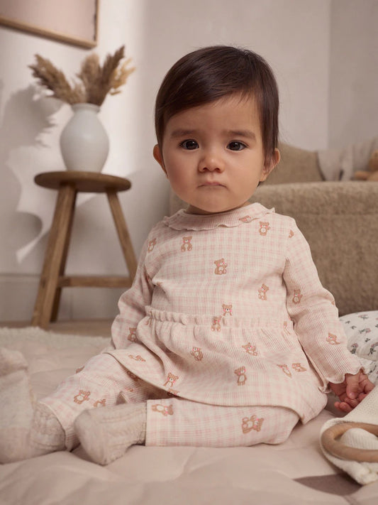 |BabyGirl| Conjunto De Bebê Com Top Peplum De Manga Comprida e Leggings Estampados De Urso Xadrez Rosa
