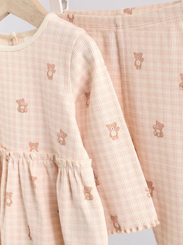 |BabyGirl| Conjunto De Bebê Com Top Peplum De Manga Comprida e Leggings Estampados De Urso Xadrez Rosa