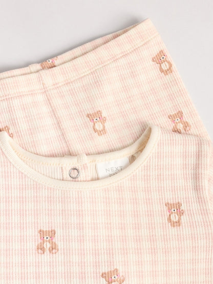 |BabyGirl| Conjunto De Bebê Com Top Peplum De Manga Comprida e Leggings Estampados De Urso Xadrez Rosa