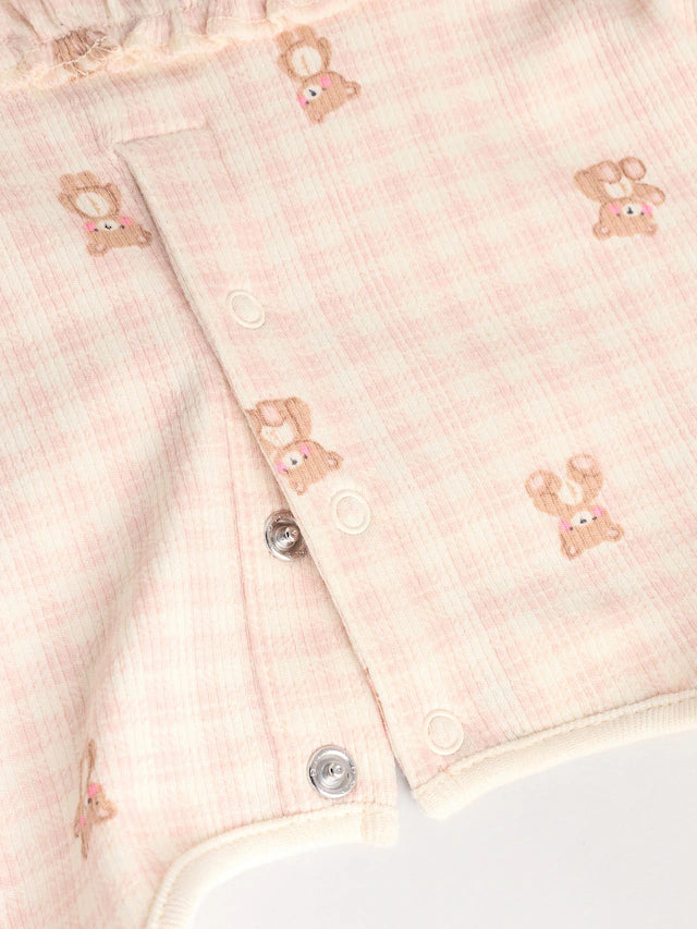 |BabyGirl| Conjunto De Bebê Com Top Peplum De Manga Comprida e Leggings Estampados De Urso Xadrez Rosa