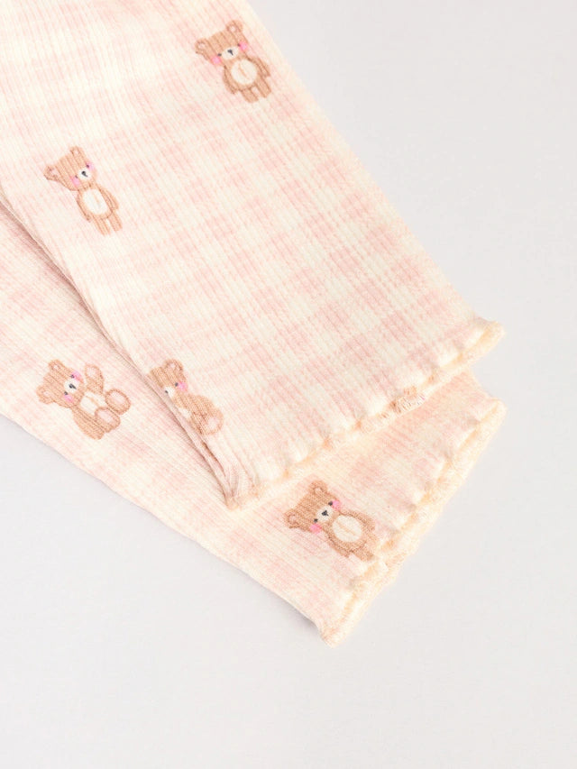 |BabyGirl| Conjunto De Bebê Com Top Peplum De Manga Comprida e Leggings Estampados De Urso Xadrez Rosa