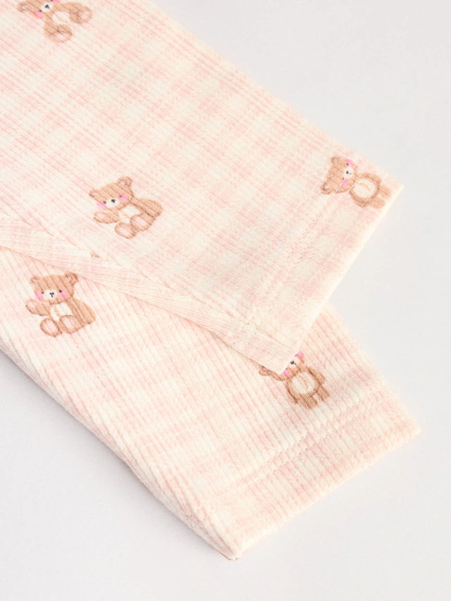 |BabyGirl| Conjunto De Bebê Com Top Peplum De Manga Comprida e Leggings Estampados De Urso Xadrez Rosa