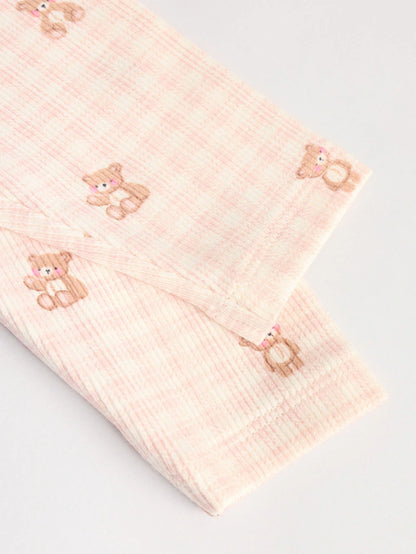 |BabyGirl| Conjunto De Bebê Com Top Peplum De Manga Comprida e Leggings Estampados De Urso Xadrez Rosa