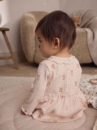 |BabyGirl| Conjunto De Bebê Com Top Peplum De Manga Comprida e Leggings Estampados De Urso Xadrez Rosa