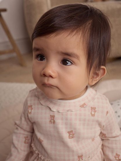 |BabyGirl| Conjunto De Bebê Com Top Peplum De Manga Comprida e Leggings Estampados De Urso Xadrez Rosa