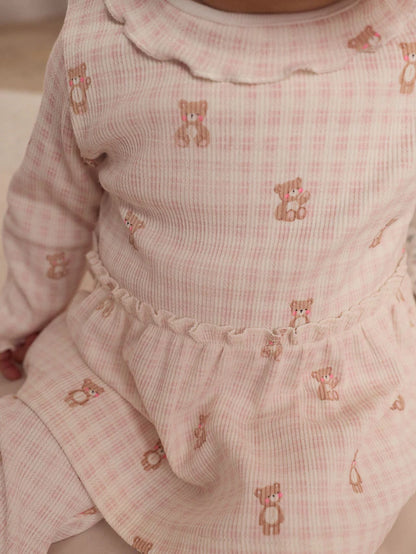 |BabyGirl| Conjunto De Bebê Com Top Peplum De Manga Comprida e Leggings Estampados De Urso Xadrez Rosa