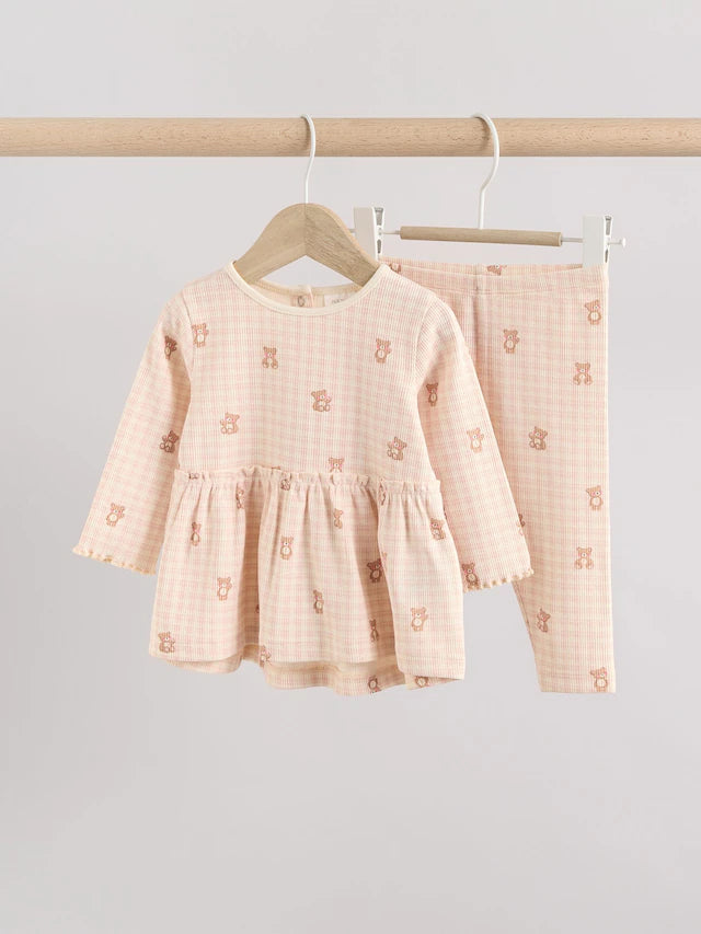 |BabyGirl| Conjunto De Bebê Com Top Peplum De Manga Comprida e Leggings Estampados De Urso Xadrez Rosa