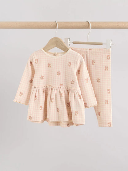|BabyGirl| Conjunto De Bebê Com Top Peplum De Manga Comprida e Leggings Estampados De Urso Xadrez Rosa