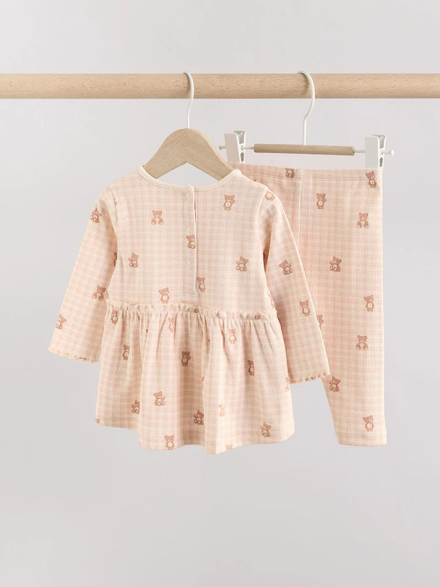 |BabyGirl| Conjunto De Bebê Com Top Peplum De Manga Comprida e Leggings Estampados De Urso Xadrez Rosa
