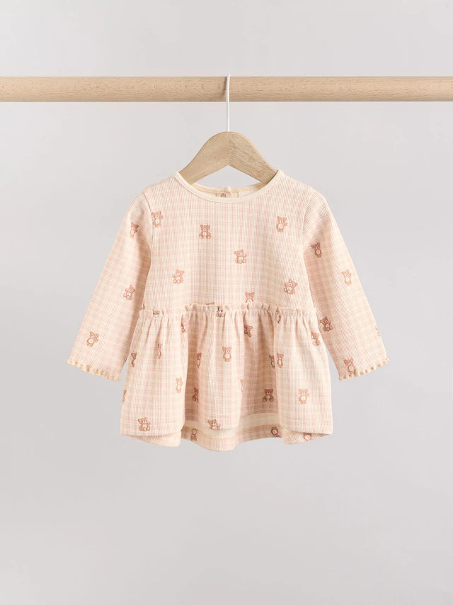 |BabyGirl| Conjunto De Bebê Com Top Peplum De Manga Comprida e Leggings Estampados De Urso Xadrez Rosa