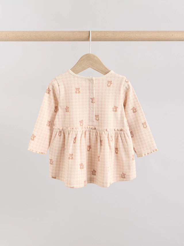 |BabyGirl| Conjunto De Bebê Com Top Peplum De Manga Comprida e Leggings Estampados De Urso Xadrez Rosa