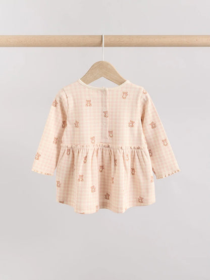 |BabyGirl| Conjunto De Bebê Com Top Peplum De Manga Comprida e Leggings Estampados De Urso Xadrez Rosa