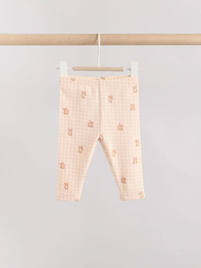 |BabyGirl| Conjunto De Bebê Com Top Peplum De Manga Comprida e Leggings Estampados De Urso Xadrez Rosa
