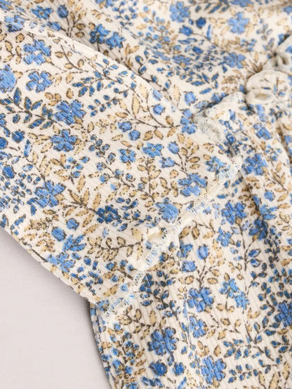 |BabyGirl| Conjunto De Bebê Com Top Peplum De Manga Comprida e Leggings Florais Azuis Ditsy