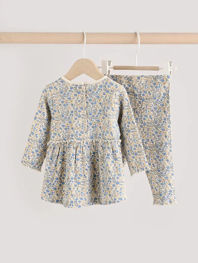 |BabyGirl| Conjunto De Bebê Com Top Peplum De Manga Comprida e Leggings Florais Azuis Ditsy