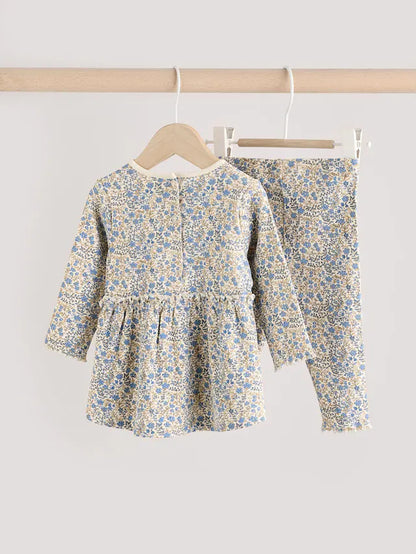 |BabyGirl| Conjunto De Bebê Com Top Peplum De Manga Comprida e Leggings Florais Azuis Ditsy