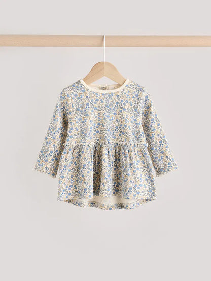 |BabyGirl| Conjunto De Bebê Com Top Peplum De Manga Comprida e Leggings Florais Azuis Ditsy