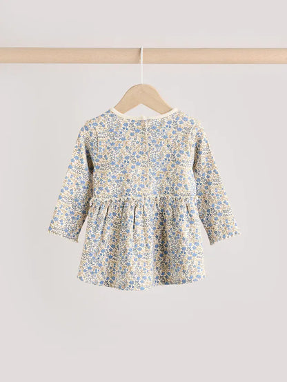 |BabyGirl| Conjunto De Bebê Com Top Peplum De Manga Comprida e Leggings Florais Azuis Ditsy