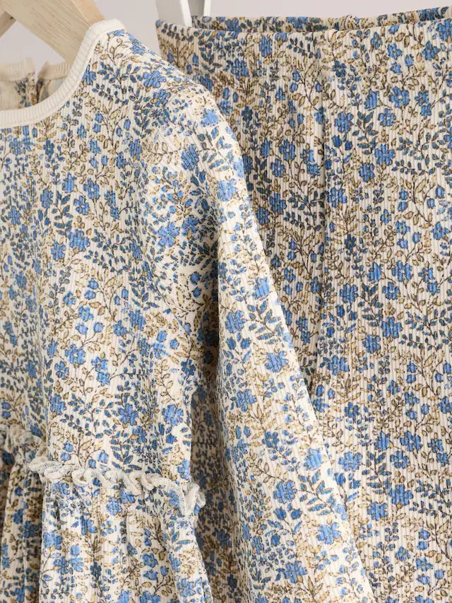 |BabyGirl| Conjunto De Bebê Com Top Peplum De Manga Comprida e Leggings Florais Azuis Ditsy