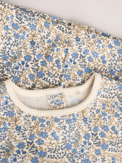 |BabyGirl| Conjunto De Bebê Com Top Peplum De Manga Comprida e Leggings Florais Azuis Ditsy